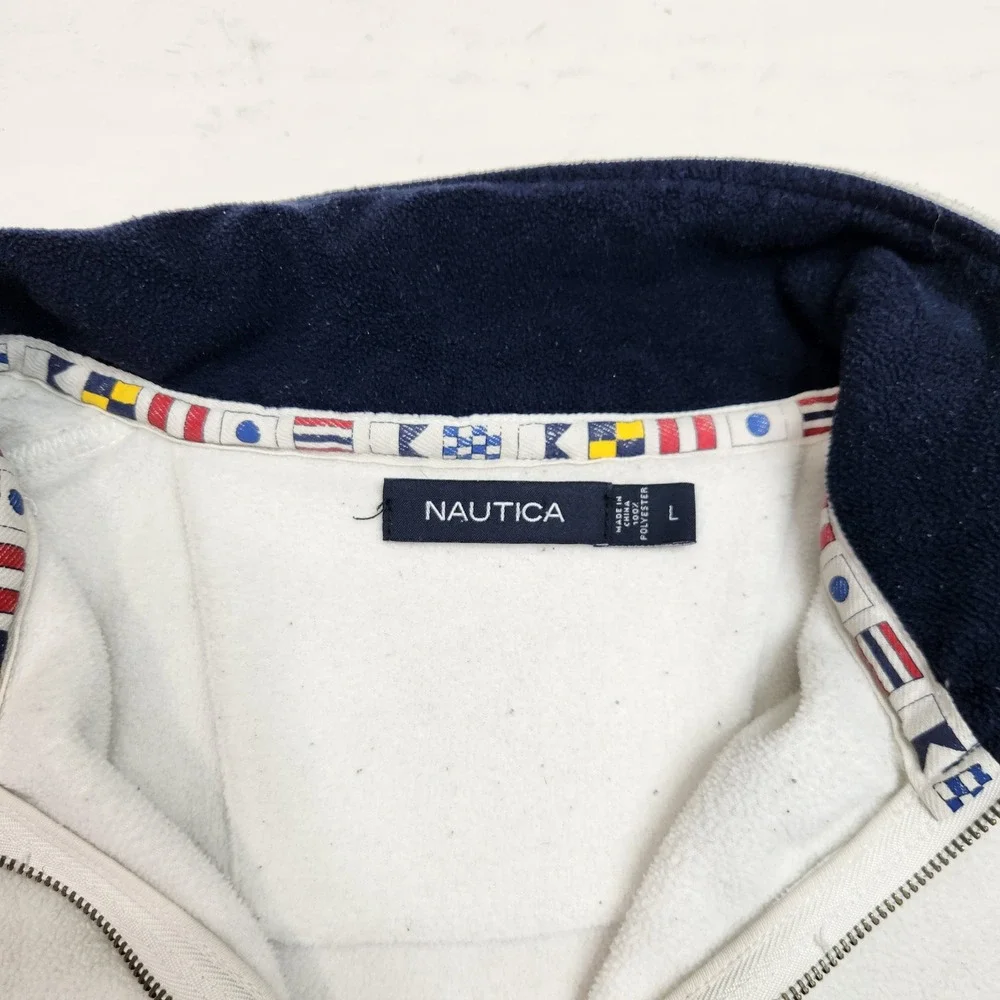 Nautica Mens White Fleece 1/4 Zip Pullover Jacket Nautical Flag Sleeve Size L